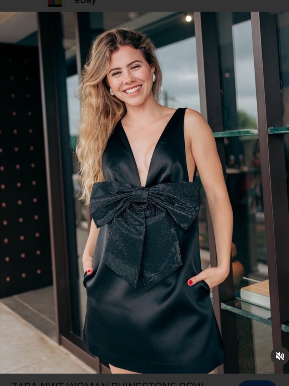 ZARA Black Satin Mini Dress with Statement Bow